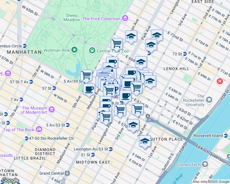 map of restaurants, bars, coffee shops, grocery stores, and more near 523 Park Avenue in New York
