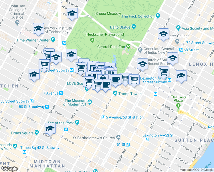 map of restaurants, bars, coffee shops, grocery stores, and more near 9 West 57th Street in New York