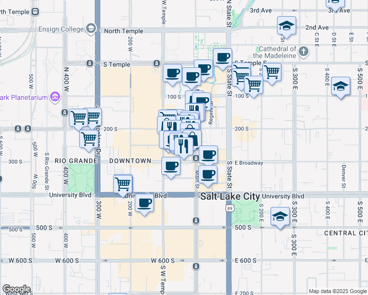 map of restaurants, bars, coffee shops, grocery stores, and more near 48 West 300 South in Salt Lake City