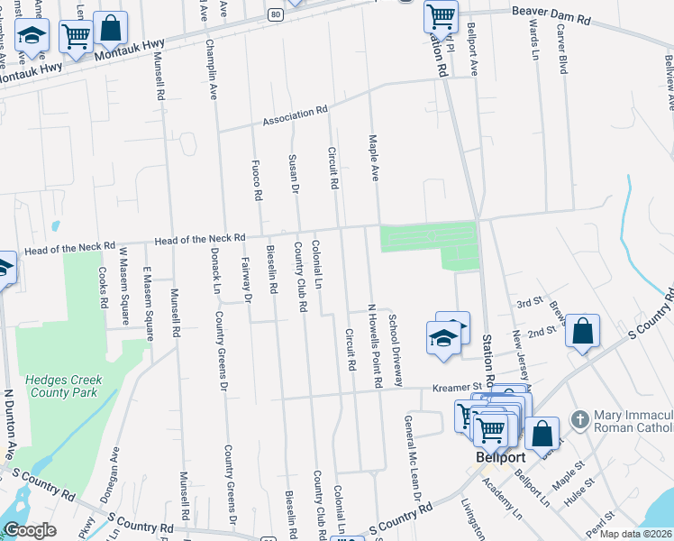 map of restaurants, bars, coffee shops, grocery stores, and more near 83 Circuit Road in Bellport