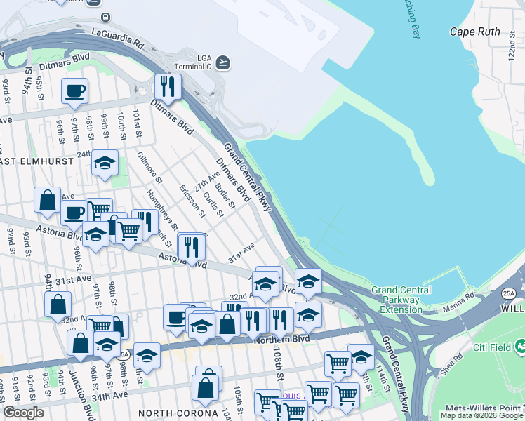 map of restaurants, bars, coffee shops, grocery stores, and more near 108-19 Ditmars Boulevard in Queens