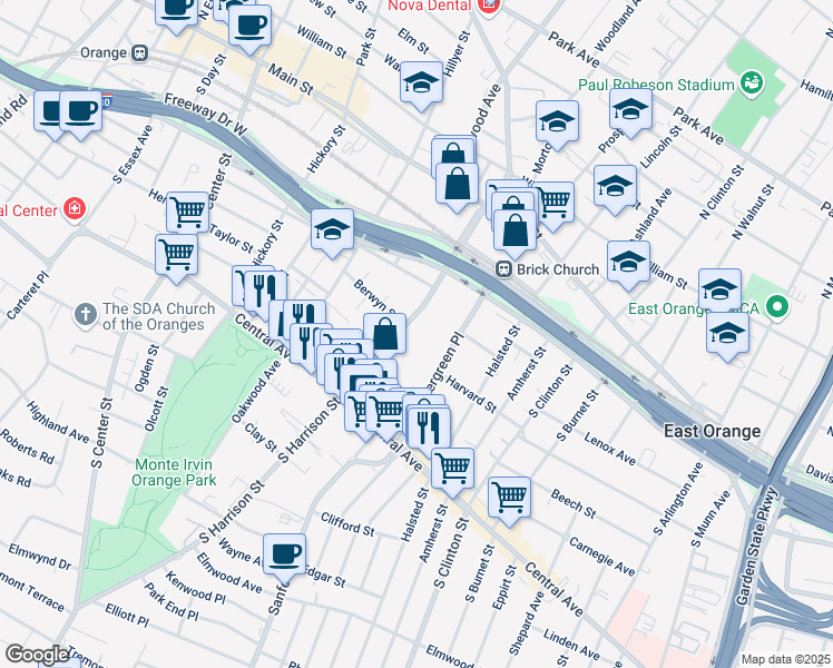 map of restaurants, bars, coffee shops, grocery stores, and more near 120 South Harrison Street in East Orange