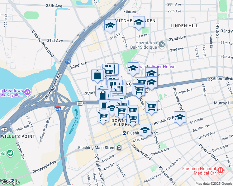 map of restaurants, bars, coffee shops, grocery stores, and more near 35-15 Farrington Street in Queens