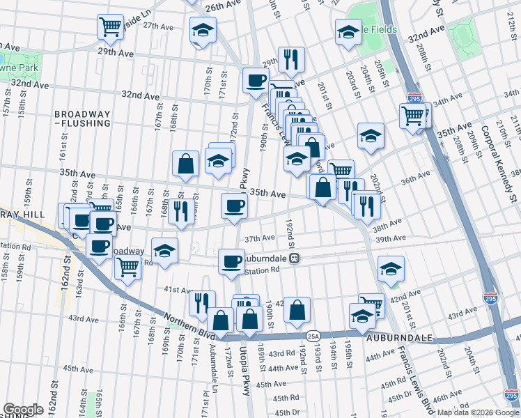 map of restaurants, bars, coffee shops, grocery stores, and more near 35-16 190th Street in Queens