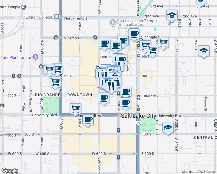 map of restaurants, bars, coffee shops, grocery stores, and more near 48 West 300 South in Salt Lake City
