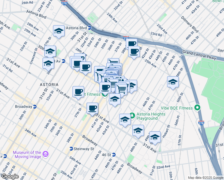 map of restaurants, bars, coffee shops, grocery stores, and more near 28-65 Steinway Street in Queens