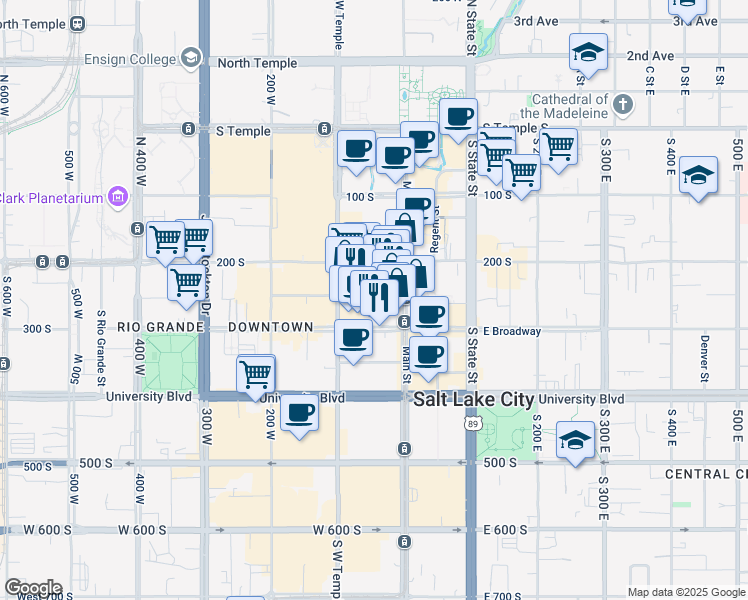 map of restaurants, bars, coffee shops, grocery stores, and more near 48 West 300 South in Salt Lake City