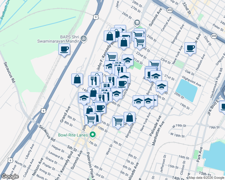 map of restaurants, bars, coffee shops, grocery stores, and more near 1601 Summit Avenue in Union City