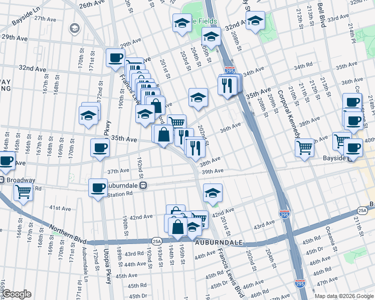 map of restaurants, bars, coffee shops, grocery stores, and more near 4 200th Street in Queens