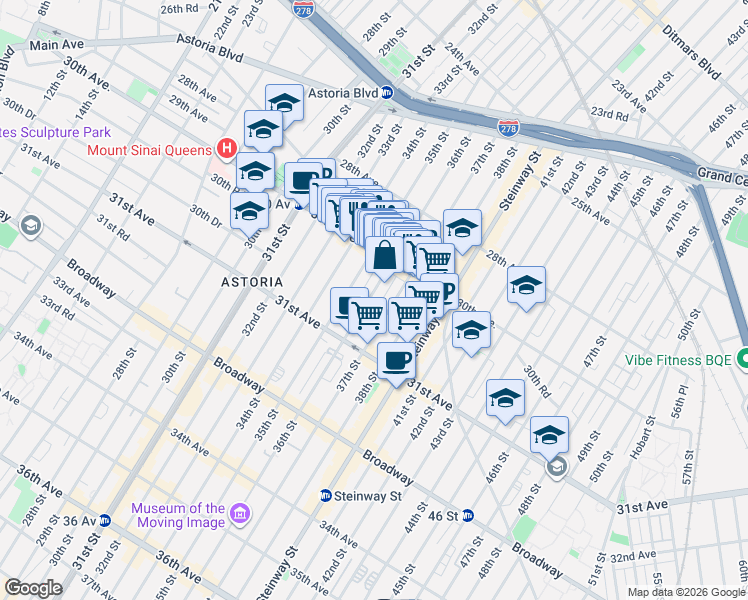 map of restaurants, bars, coffee shops, grocery stores, and more near 30-44 36th Street in Queens
