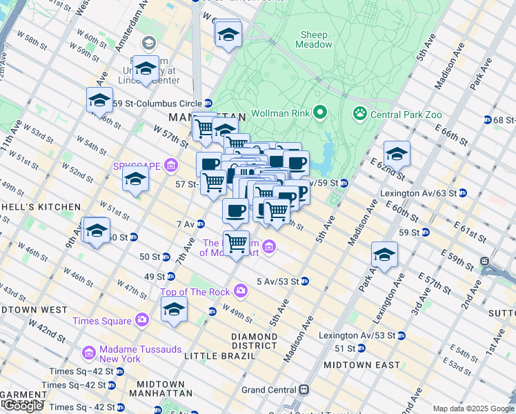 map of restaurants, bars, coffee shops, grocery stores, and more near 117 West 56th Street in New York