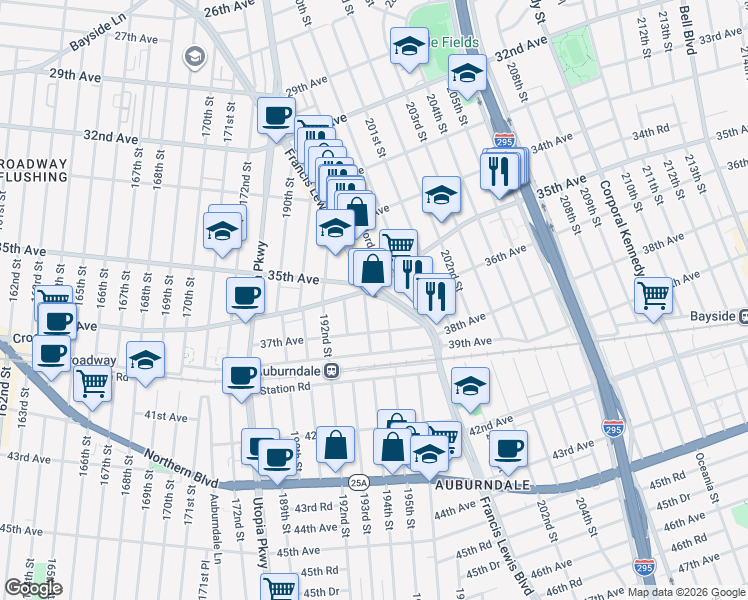 map of restaurants, bars, coffee shops, grocery stores, and more near 35-18 Francis Lewis Boulevard in Queens