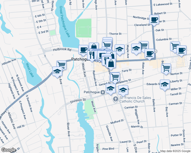 map of restaurants, bars, coffee shops, grocery stores, and more near 48 Church Street in Patchogue