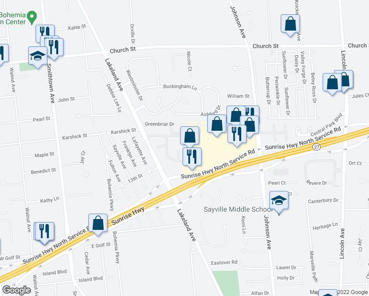 map of restaurants, bars, coffee shops, grocery stores, and more near 140 Sussex Place in Bohemia