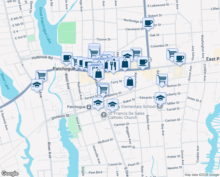 map of restaurants, bars, coffee shops, grocery stores, and more near 6 Taylor Lane in Patchogue