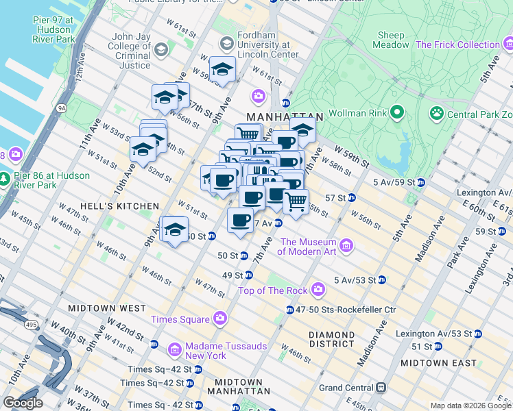 map of restaurants, bars, coffee shops, grocery stores, and more near 1697 Broadway in New York