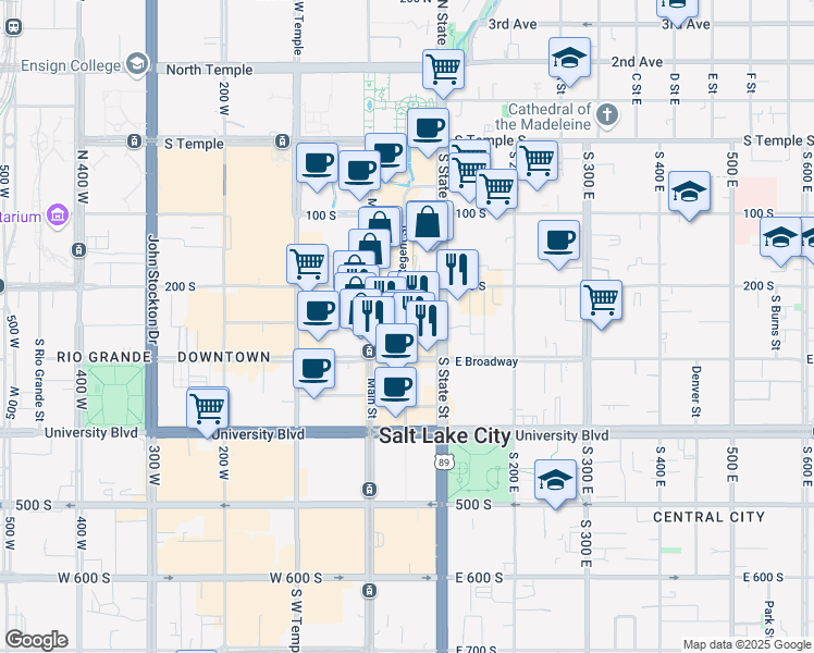 map of restaurants, bars, coffee shops, grocery stores, and more near 49 Gallivan Avenue in Salt Lake City