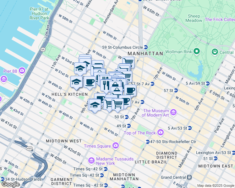 map of restaurants, bars, coffee shops, grocery stores, and more near 329 West 51st Street in New York
