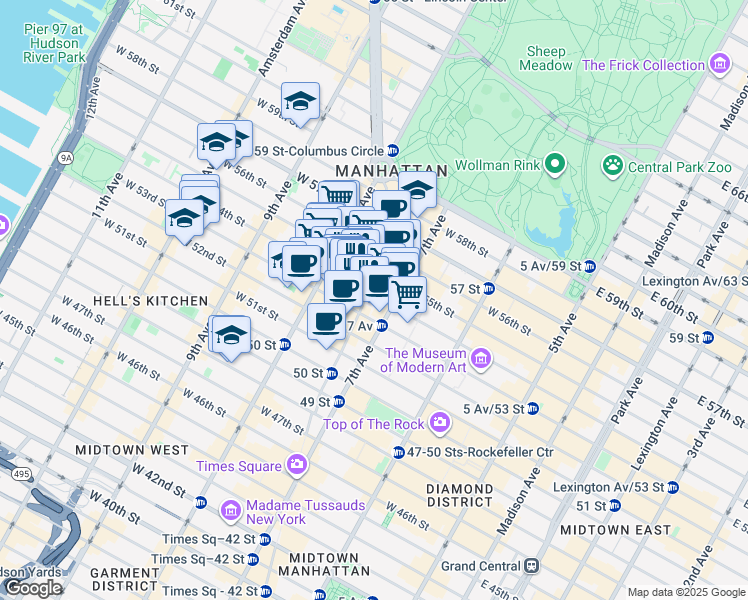 map of restaurants, bars, coffee shops, grocery stores, and more near 224 West 54th Street in New York
