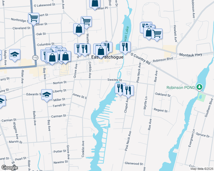 map of restaurants, bars, coffee shops, grocery stores, and more near 8 Sheldon Avenue in Patchogue