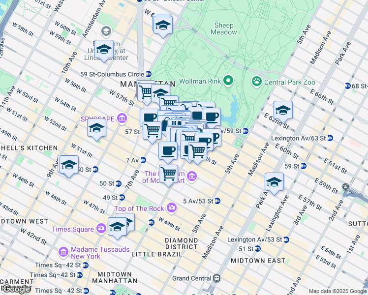 map of restaurants, bars, coffee shops, grocery stores, and more near 106 West 56th Street in New York