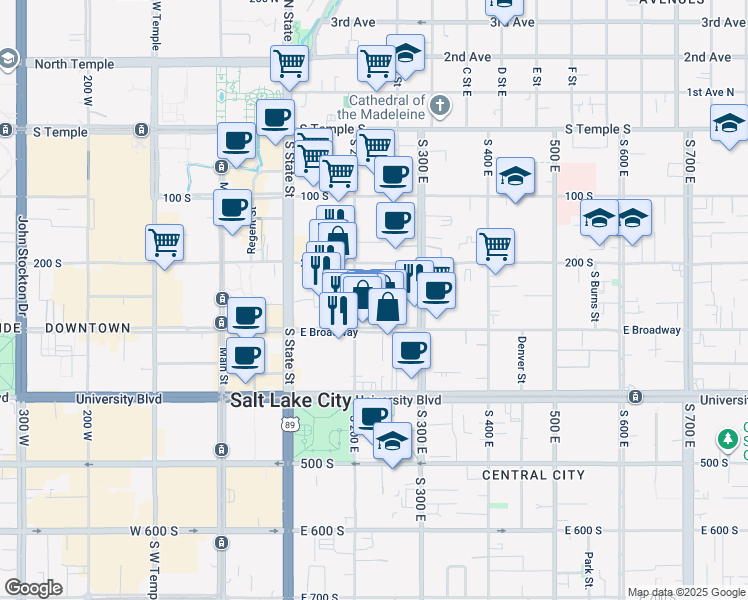 map of restaurants, bars, coffee shops, grocery stores, and more near 235 South 200 East in Salt Lake City