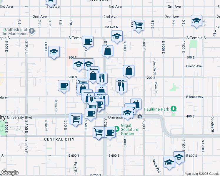 map of restaurants, bars, coffee shops, grocery stores, and more near 732 East 200 South in Salt Lake City