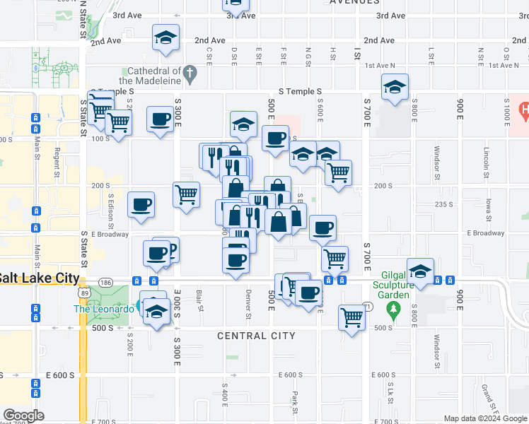 map of restaurants, bars, coffee shops, grocery stores, and more near 250 500 East in Salt Lake City