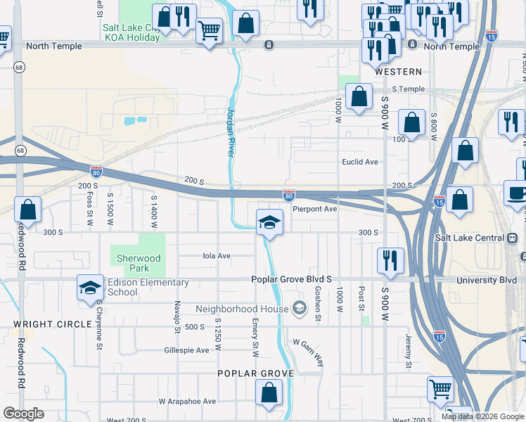 map of restaurants, bars, coffee shops, grocery stores, and more near 232 South 1135 West in Salt Lake City