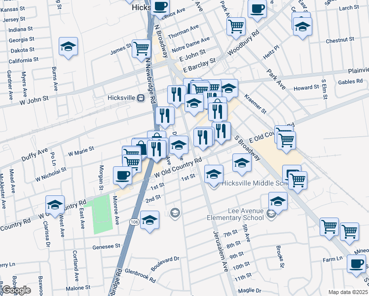 map of restaurants, bars, coffee shops, grocery stores, and more near 50 Division Avenue in Hicksville