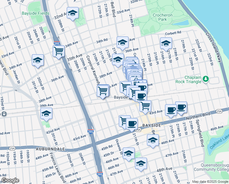 map of restaurants, bars, coffee shops, grocery stores, and more near 39-14 211th Street in Queens