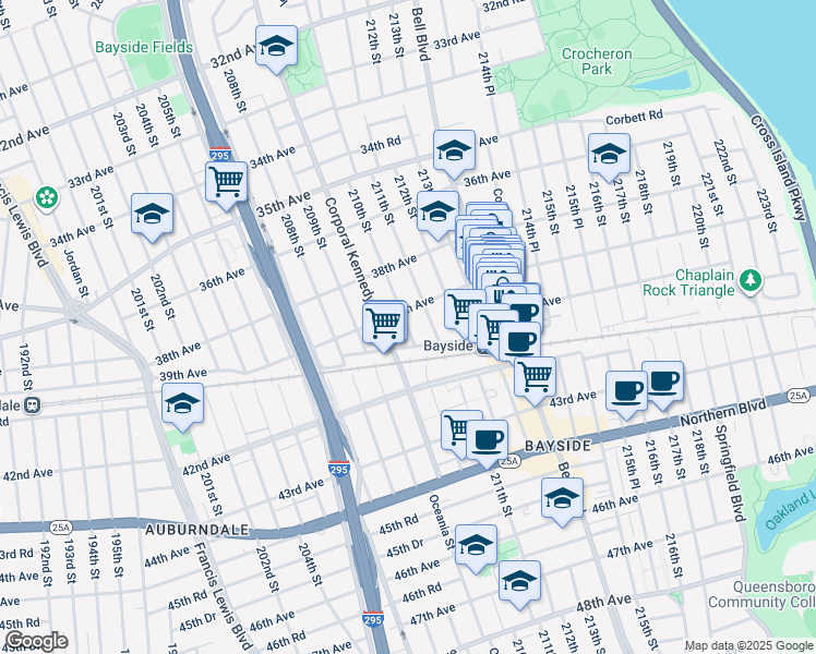 map of restaurants, bars, coffee shops, grocery stores, and more near 39-14 211th Street in Queens
