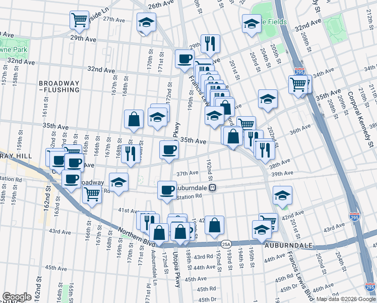 map of restaurants, bars, coffee shops, grocery stores, and more near 35-16 190th Street in Queens