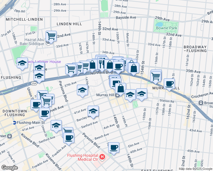 map of restaurants, bars, coffee shops, grocery stores, and more near 38-03 149th Street in Queens
