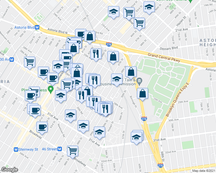 map of restaurants, bars, coffee shops, grocery stores, and more near 25-48 48th Street in Queens