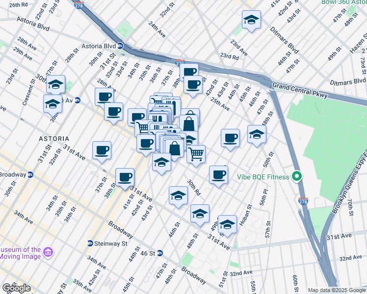 map of restaurants, bars, coffee shops, grocery stores, and more near 28-23 42nd Street in Queens