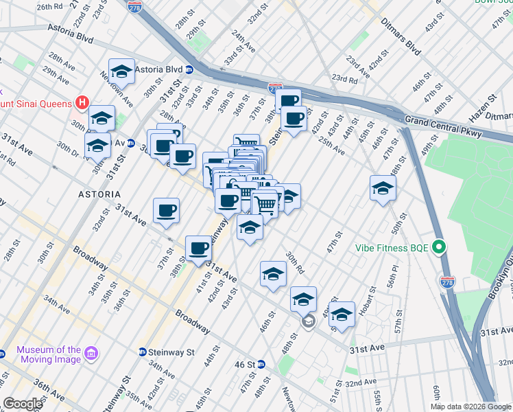 map of restaurants, bars, coffee shops, grocery stores, and more near 28-65 Steinway Street in Queens