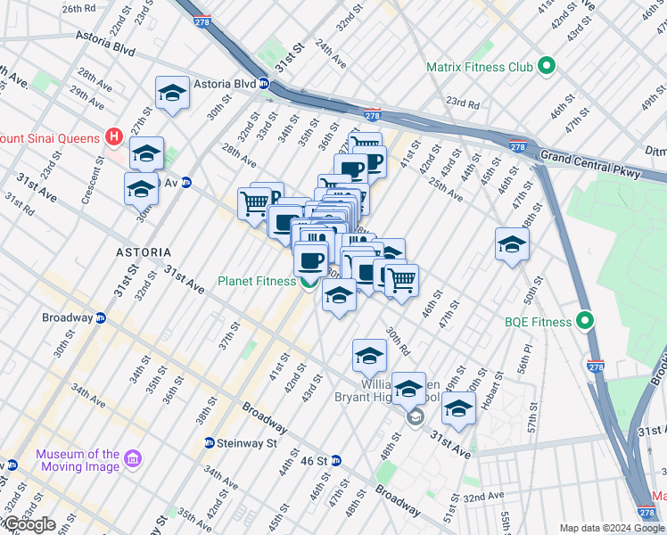 map of restaurants, bars, coffee shops, grocery stores, and more near 28-65 Steinway Street in Queens