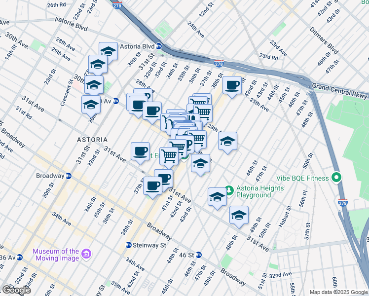map of restaurants, bars, coffee shops, grocery stores, and more near 2858 Steinway Street in Queens