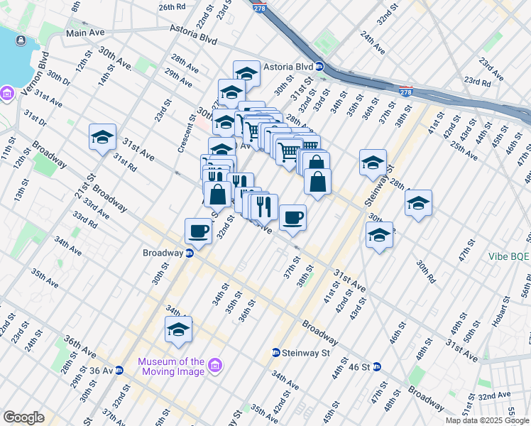 map of restaurants, bars, coffee shops, grocery stores, and more near 30-90 33rd Street in Queens