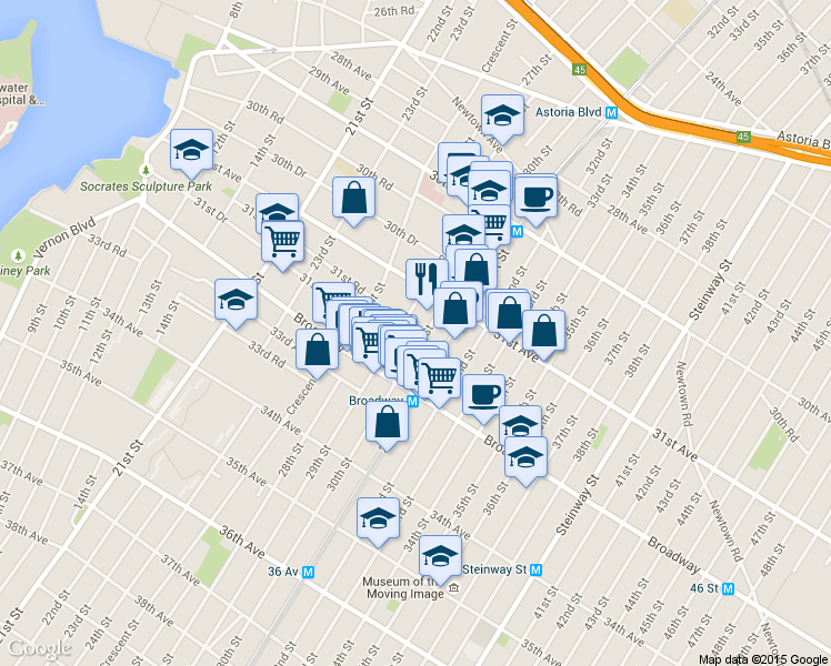 map of restaurants, bars, coffee shops, grocery stores, and more near 31-44 29th Street in Queens