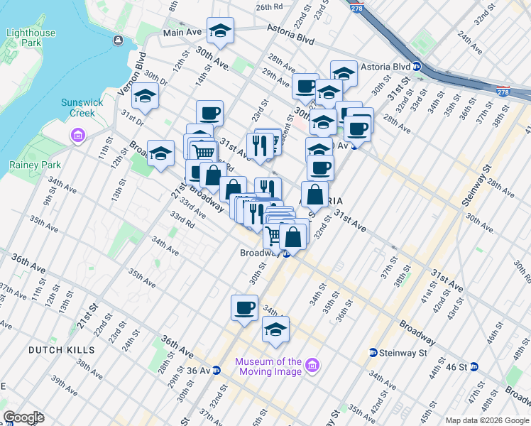 map of restaurants, bars, coffee shops, grocery stores, and more near 31-69 Crescent Street in Queens
