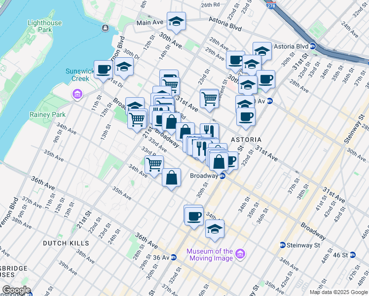 map of restaurants, bars, coffee shops, grocery stores, and more near 23-35 Broadway in Queens