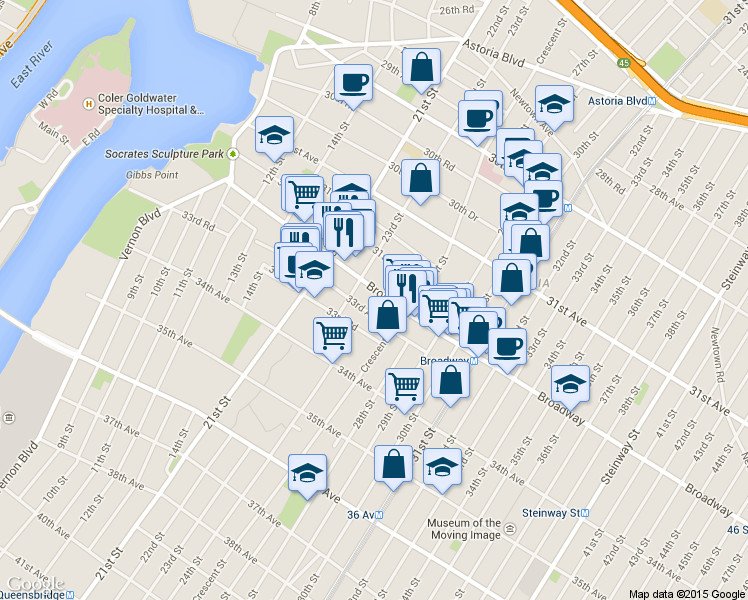 map of restaurants, bars, coffee shops, grocery stores, and more near 3211 23rd Street in Queens
