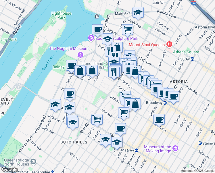 map of restaurants, bars, coffee shops, grocery stores, and more near 33-34 21st Street in Queens