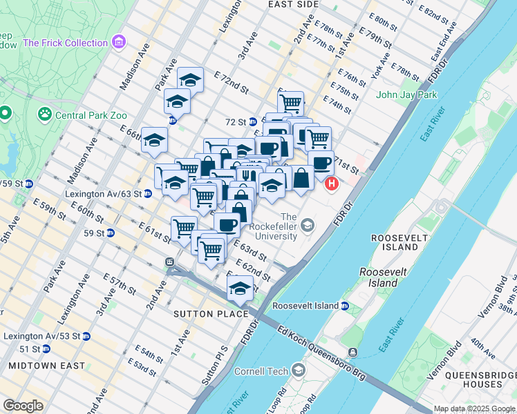 map of restaurants, bars, coffee shops, grocery stores, and more near 1219 1st Avenue in New York