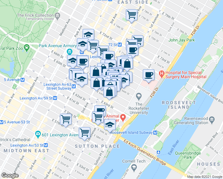 map of restaurants, bars, coffee shops, grocery stores, and more near in New York