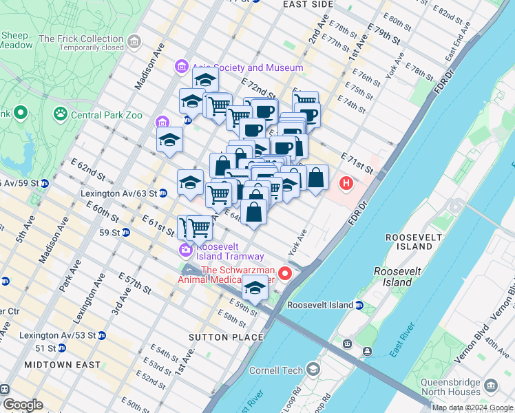 map of restaurants, bars, coffee shops, grocery stores, and more near in New York