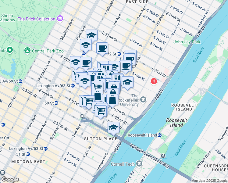 map of restaurants, bars, coffee shops, grocery stores, and more near 327 East 65th Street in New York
