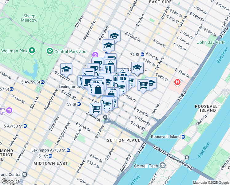 map of restaurants, bars, coffee shops, grocery stores, and more near 210 East 64th Street in New York